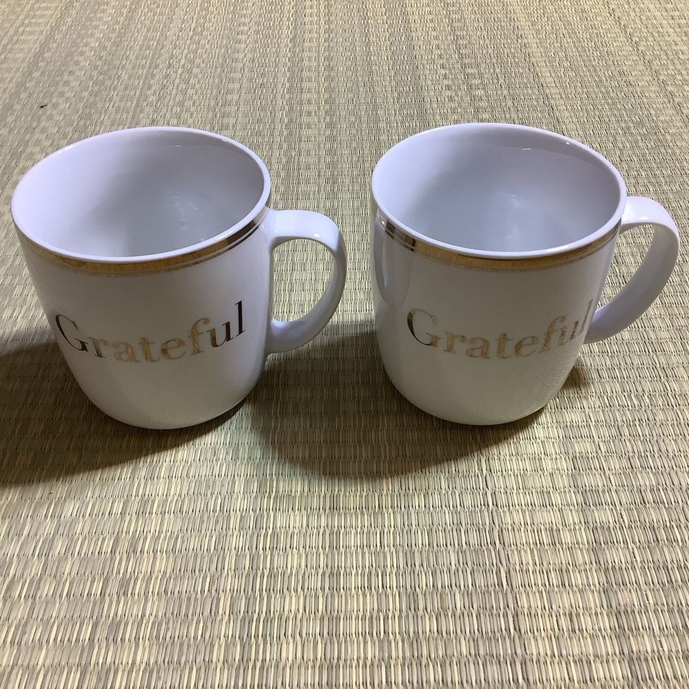 Williams Sonoma Open Kitchen Set of Two White and Gold Grateful Mugs